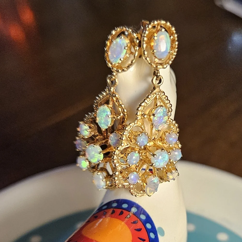 14k Gold and Opal Drop Earrings - Picture 3 of 6